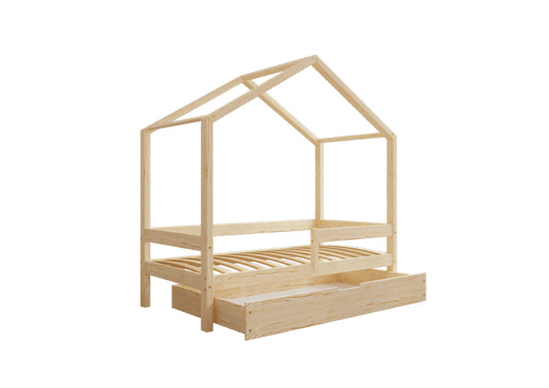 HUFFIE BOX Hausbett aus Holz mit waagerechtem Rausfallschutz und Bettwäsche-Schublade