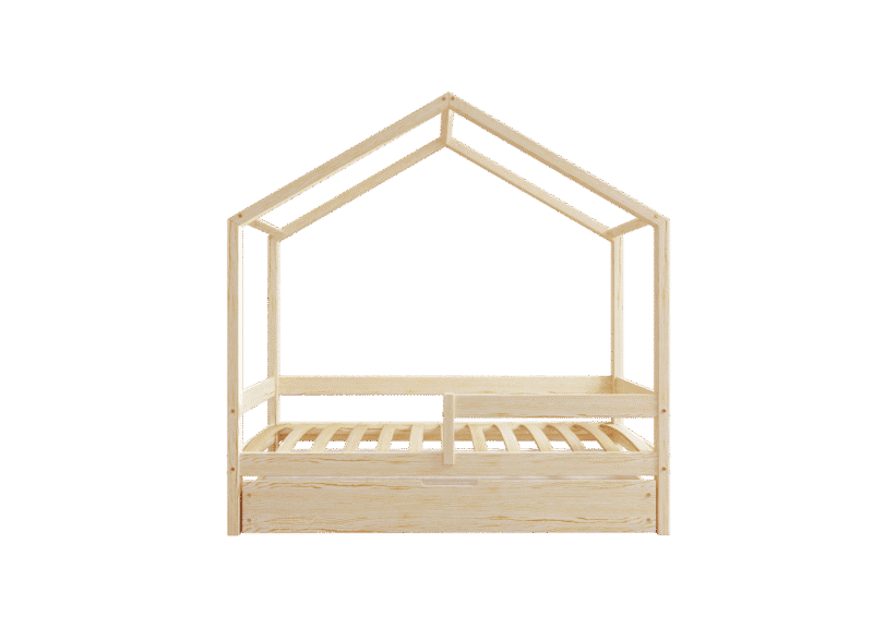 HUFFIE BOX Hausbett aus Holz mit waagerechtem Rausfallschutz und Bettwäsche-Schublade