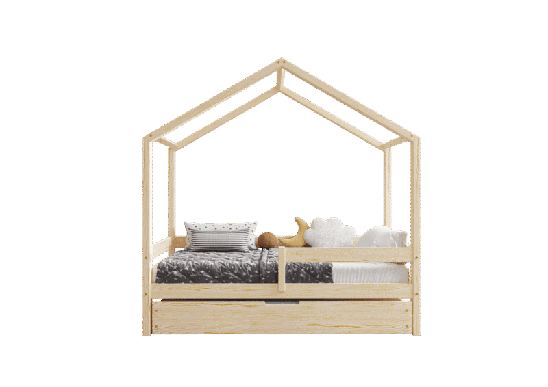 HUFFIE BOX Hausbett aus Holz mit waagerechtem Rausfallschutz und Bettwäsche-Schublade