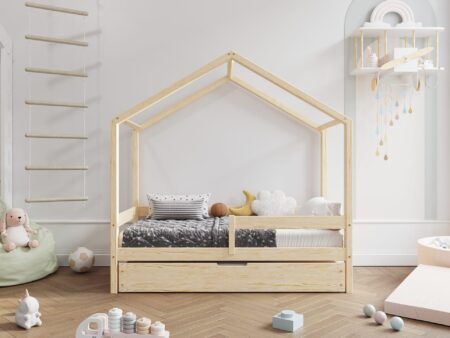 HUFFIE BOX Hausbett aus Holz mit waagerechtem Rausfallschutz und Bettwäsche-Schublade – Versand in 48 h
