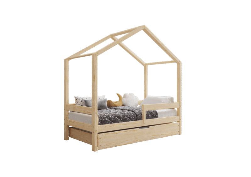 HUFFIE BOX Hausbett aus Holz mit waagerechtem Rausfallschutz und Bettwäsche-Schublade