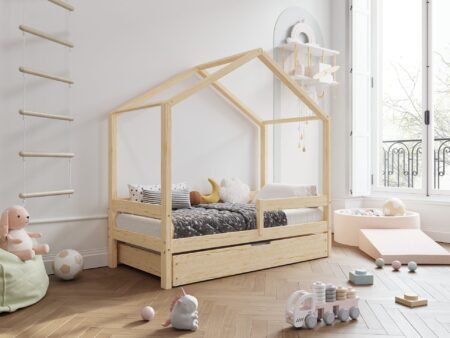 HUFFIE BOX Hausbett aus Holz mit waagerechtem Rausfallschutz und Bettwäsche-Schublade