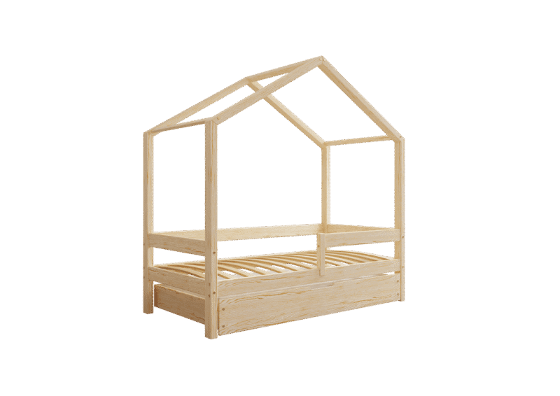 HUFFIE BOX Hausbett aus Holz mit waagerechtem Rausfallschutz und Bettwäsche-Schublade