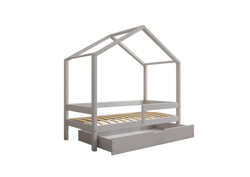 HUFFIE BOX Hausbett aus Holz mit waagerechtem Rausfallschutz und Bettwäsche-Schublade