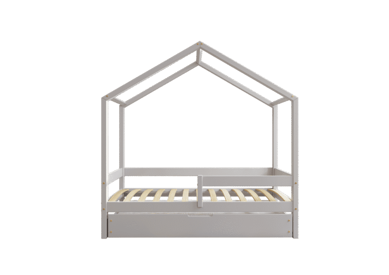 HUFFIE BOX Hausbett aus Holz mit waagerechtem Rausfallschutz und Bettwäsche-Schublade