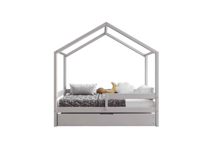 HUFFIE BOX Hausbett aus Holz mit waagerechtem Rausfallschutz und Bettwäsche-Schublade