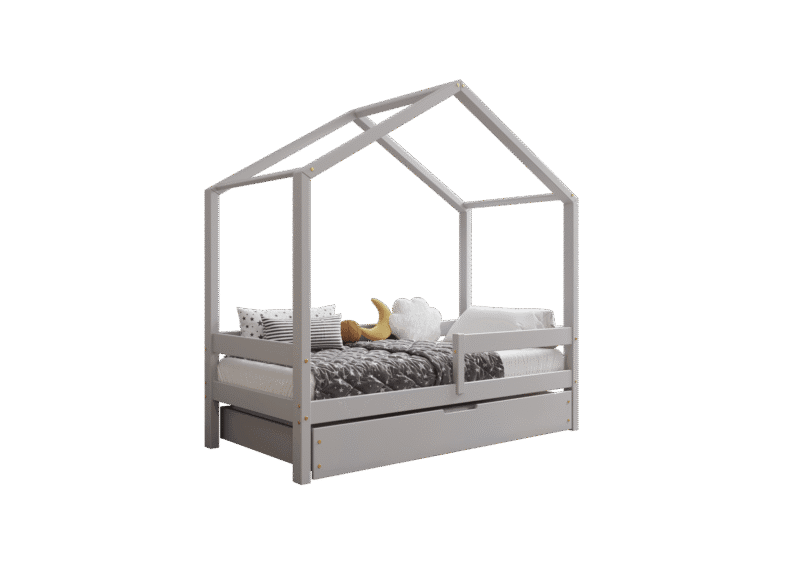 HUFFIE BOX Hausbett aus Holz mit waagerechtem Rausfallschutz und Bettwäsche-Schublade