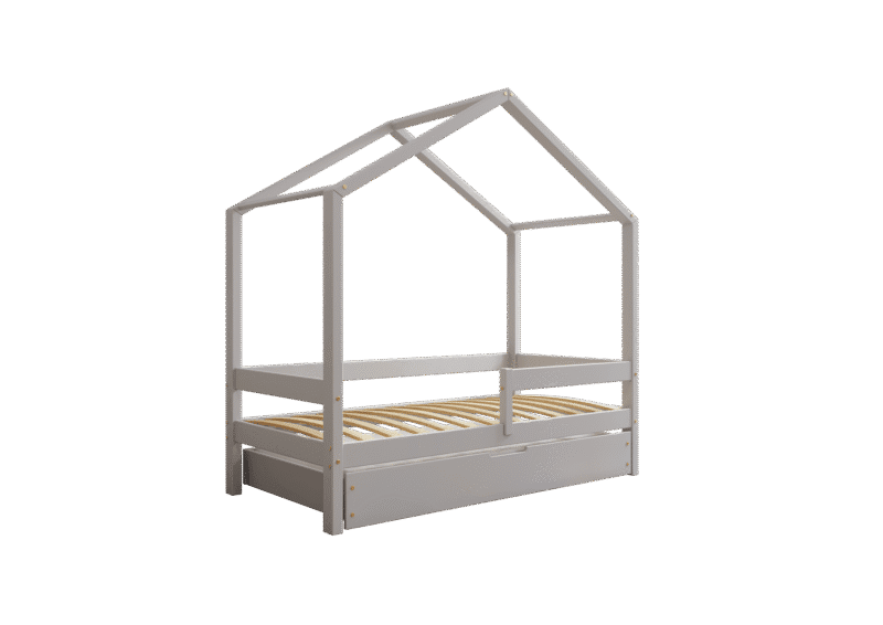 HUFFIE BOX Hausbett aus Holz mit waagerechtem Rausfallschutz und Bettwäsche-Schublade
