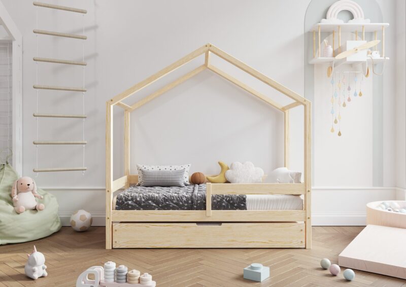 HUFFIE Hausbett aus Holz mit waagerechtem Rausfallschutz und Schlafschublade