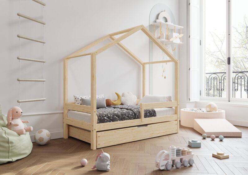 HUFFIE Hausbett aus Holz mit waagerechtem Rausfallschutz und Schlafschublade