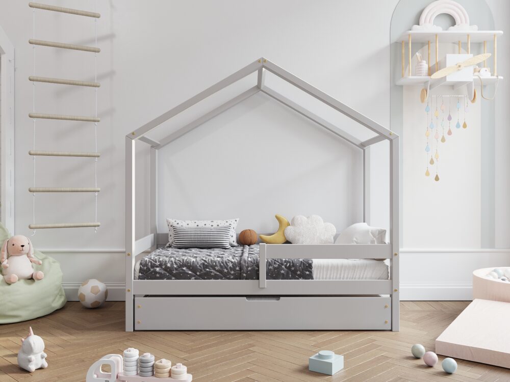 HUFFIE Hausbett aus Holz mit waagerechtem Rausfallschutz und Schlafschublade