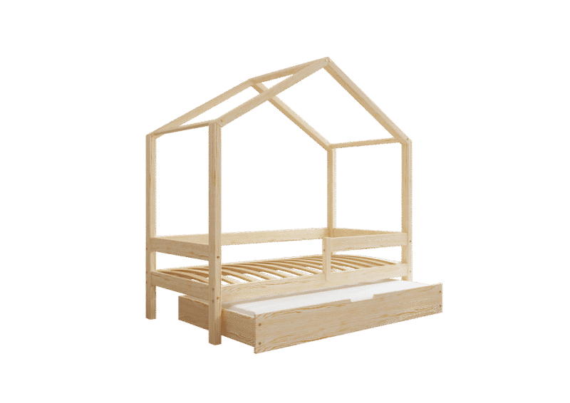 HUFFIE Hausbett aus Holz mit waagerechtem Rausfallschutz und Schlafschublade