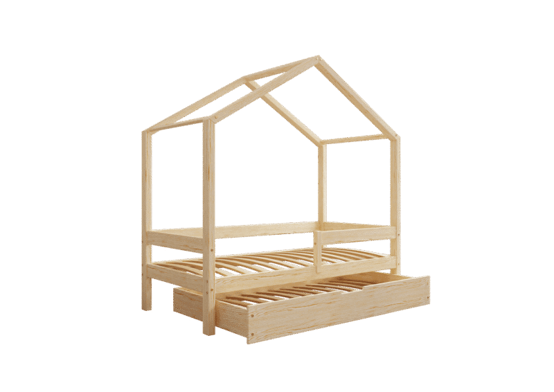 HUFFIE Hausbett aus Holz mit waagerechtem Rausfallschutz und Schlafschublade