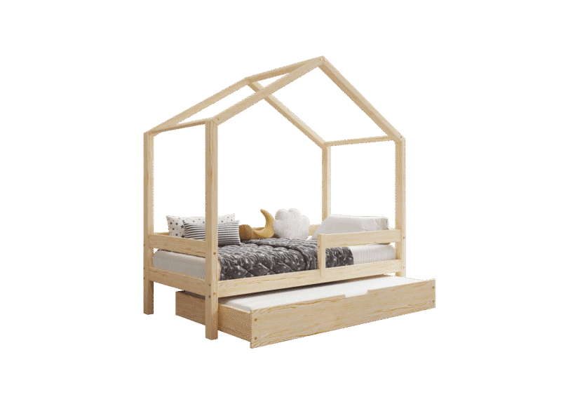HUFFIE Hausbett aus Holz mit waagerechtem Rausfallschutz und Schlafschublade