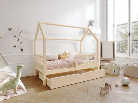 ZOJA Hausbett aus Holz mit runden Sprossen und Bettwäsche-Schublade