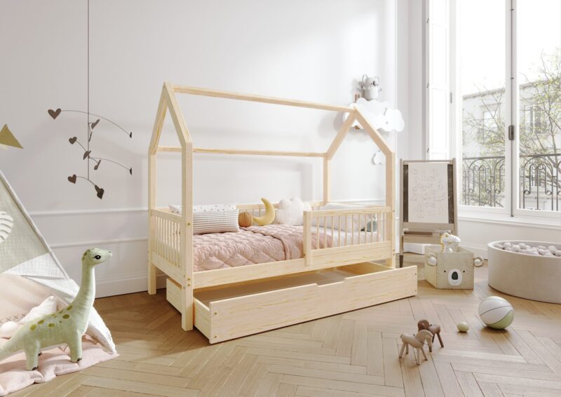 ZOJA Hausbett aus Holz mit runden Sprossen und Bettwäsche-Schublade