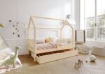ZOJA Hausbett aus Holz mit runden Sprossen und Schlafschublade