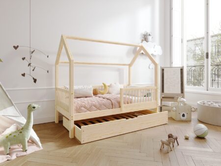 ZOJA Hausbett aus Holz mit runden Sprossen und Schlafschublade