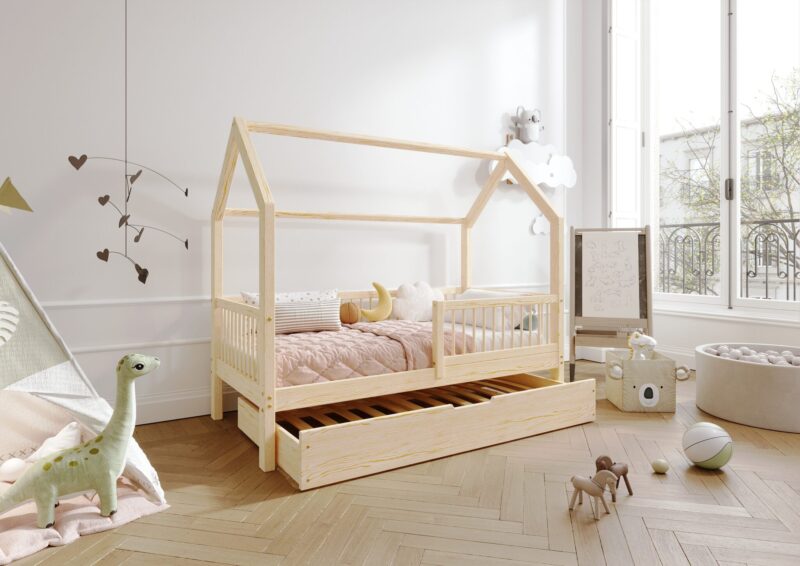 ZOJA Hausbett aus Holz mit runden Sprossen und Schlafschublade