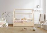 ZOJA Hausbett aus Holz mit runden Sprossen und Bettwäsche-Schublade