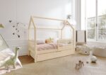 ZOJA Hausbett aus Holz mit runden Sprossen und Bettwäsche-Schublade