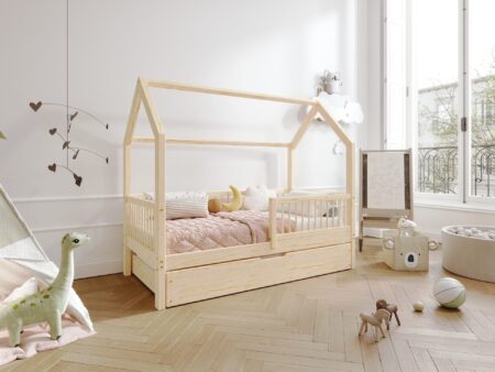ZOJA Hausbett aus Holz mit runden Sprossen und Bettwäsche-Schublade – Versand in 48 h