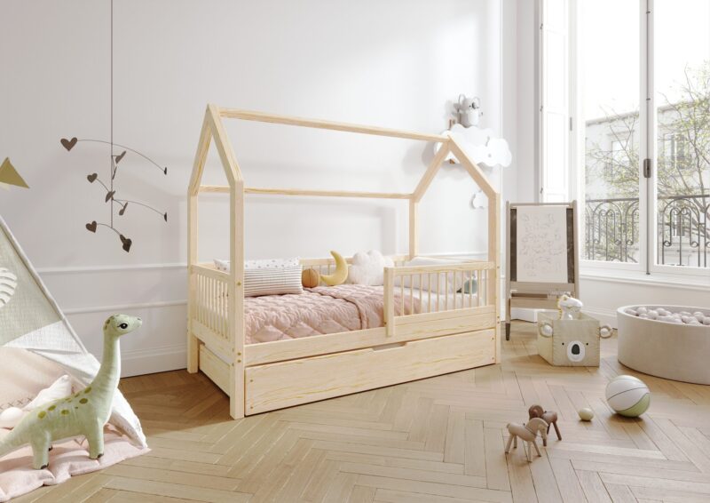 ZOJA Hausbett aus Holz mit runden Sprossen und Bettwäsche-Schublade