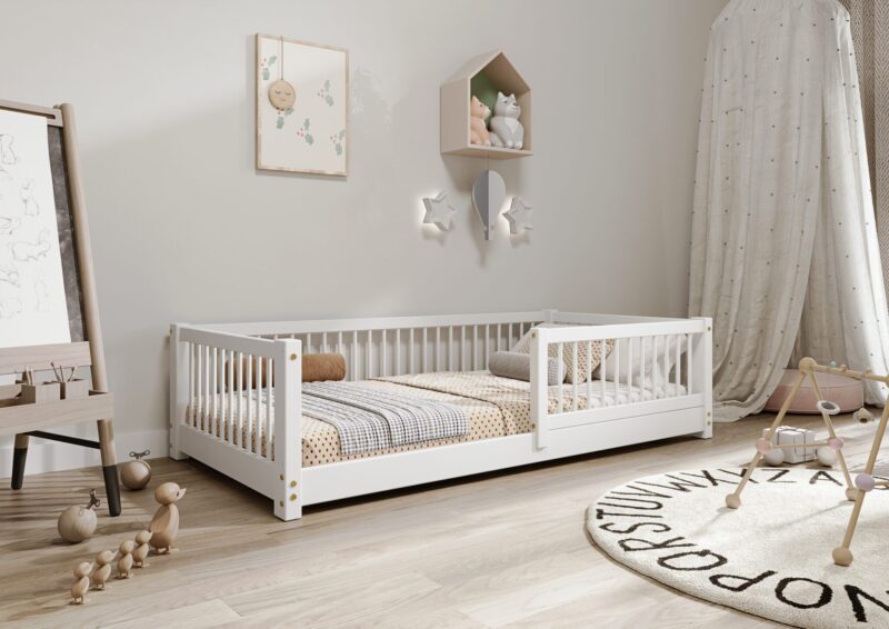 ALFIE Klassisches Kinderbett aus Holz mit runden Sprossen, niedrig