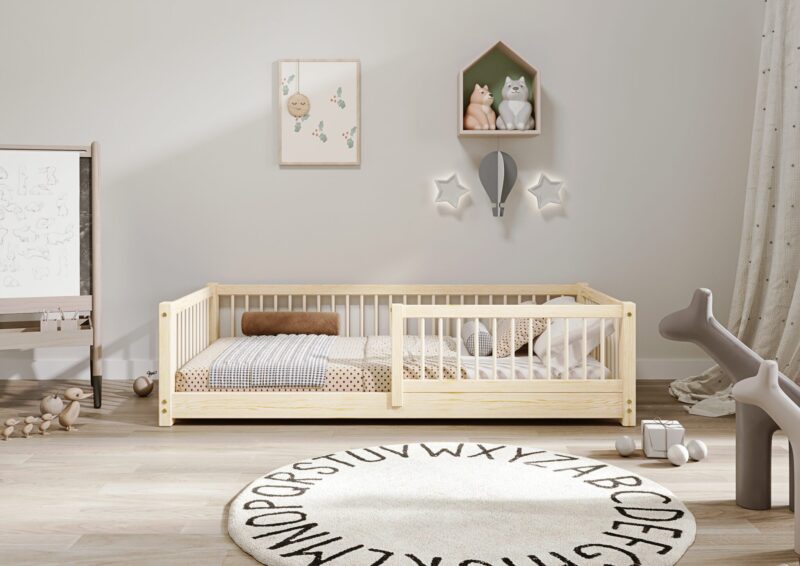 ALFIE Klassisches Kinderbett aus Holz mit runden Sprossen, niedrig