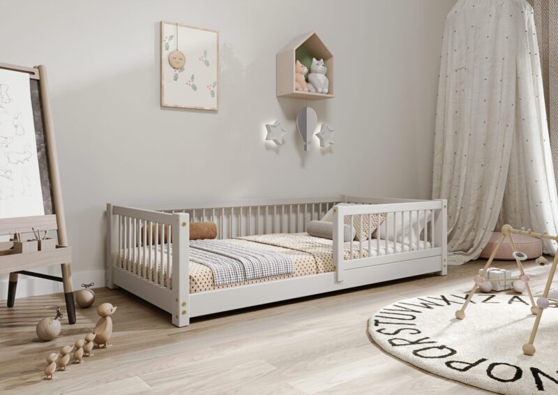 ALFIE Klassisches Kinderbett aus Holz mit runden Sprossen, niedrig