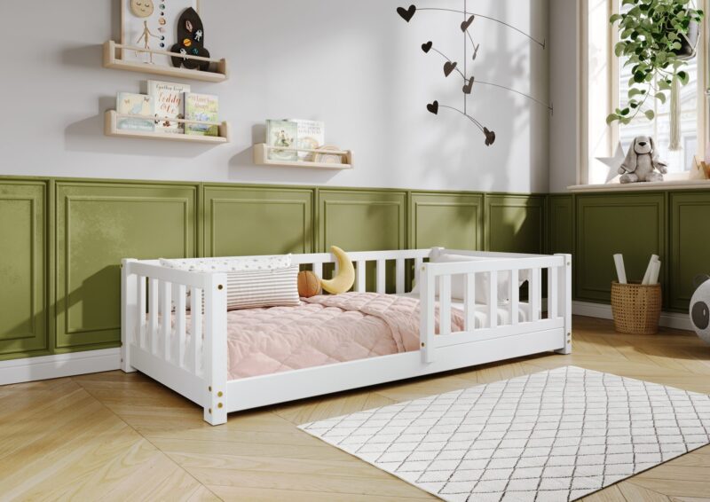 LENA Klassisches Kinderbett aus Holz mit rechteckigen Sprossen, niedrig