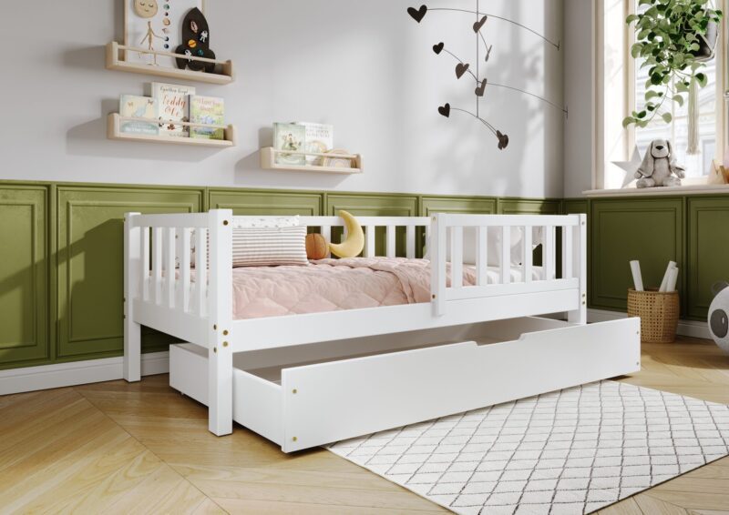 LENA Klassisches Kinderbett aus Holz mit rechteckigen Sprossen und Bettwäsche-Schublade
