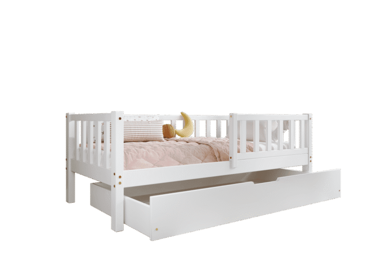 LENA Klassisches Kinderbett aus Holz mit rechteckigen Sprossen und Bettwäsche-Schublade
