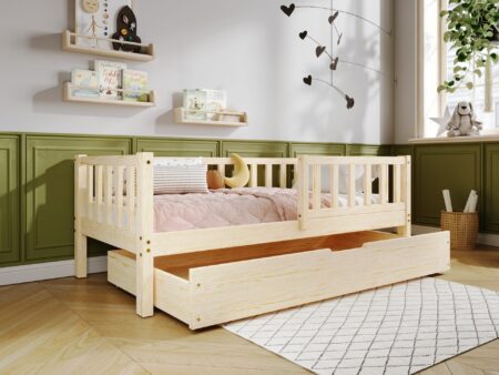 LENA Klassisches Kinderbett aus Holz mit rechteckigen Sprossen und Bettwäsche-Schublade