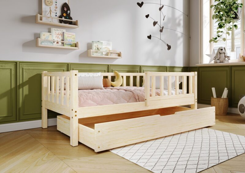 LENA Klassisches Kinderbett aus Holz mit rechteckigen Sprossen und Bettwäsche-Schublade
