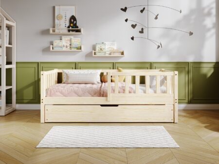 LENA Klassisches Kinderbett aus Holz mit rechteckigen Sprossen und Bettwäsche-Schublade – Versand in 48 h