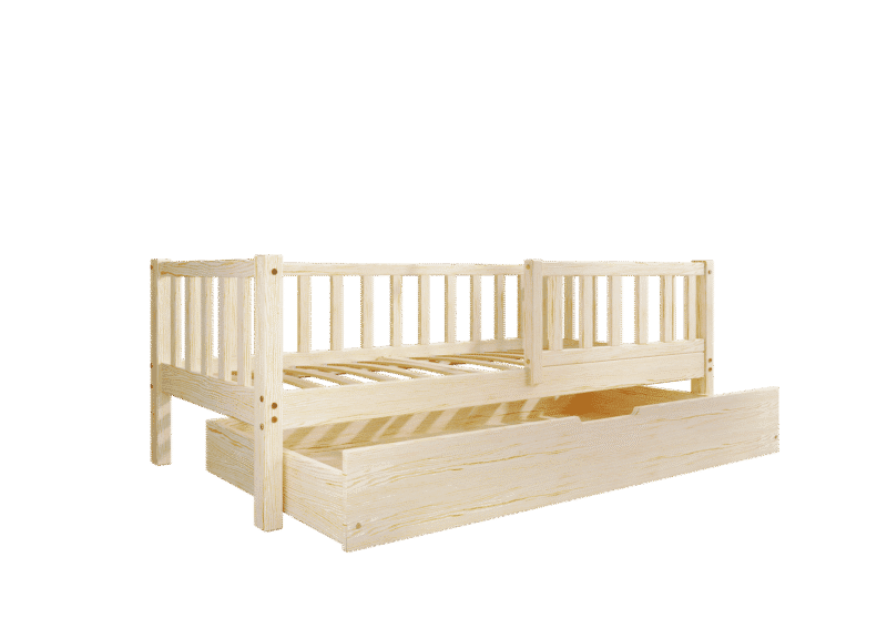 LENA Klassisches Kinderbett aus Holz mit rechteckigen Sprossen und Bettwäsche-Schublade