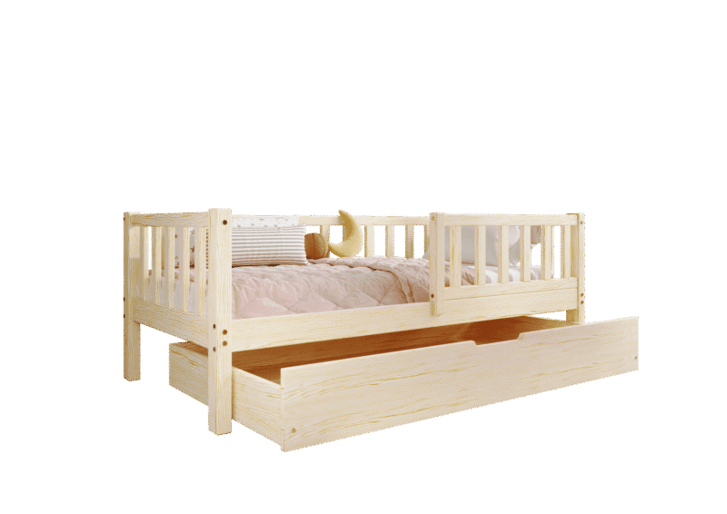 LENA Klassisches Kinderbett aus Holz mit rechteckigen Sprossen und Bettwäsche-Schublade