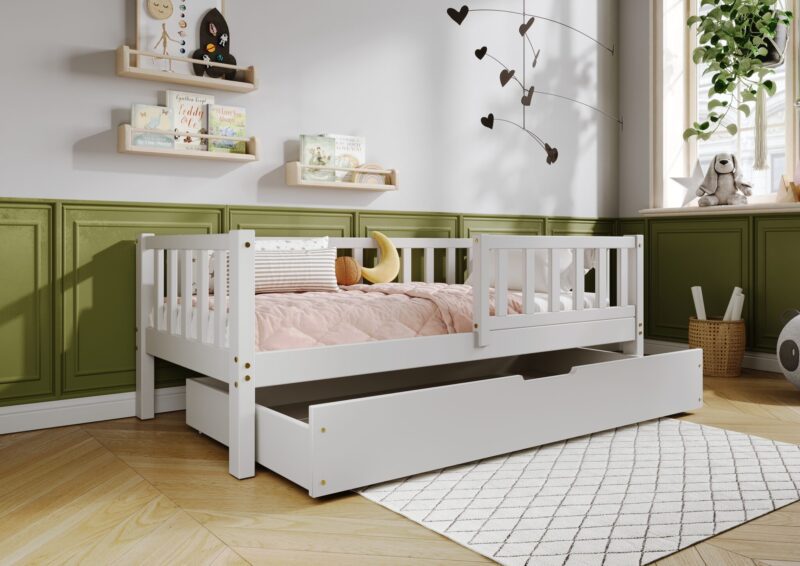 LENA Klassisches Kinderbett aus Holz mit rechteckigen Sprossen und Bettwäsche-Schublade
