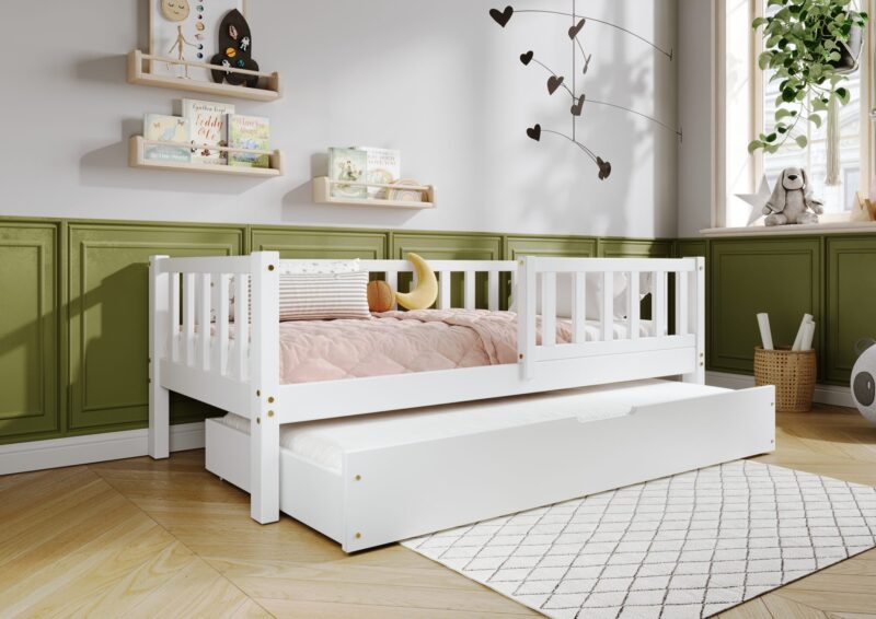 LENA Klassisches Kinderbett aus Holz mit Zaun-Rausfallschutz und Schlafschublade