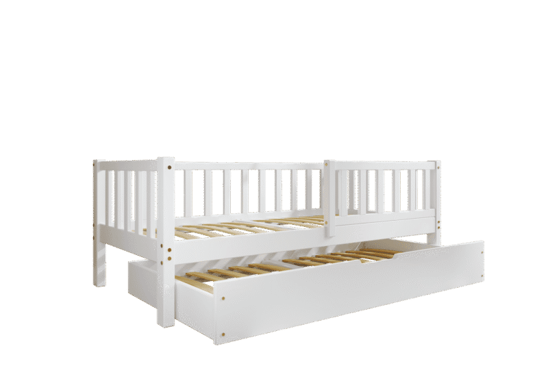 LENA Klassisches Kinderbett aus Holz mit Zaun-Rausfallschutz und Schlafschublade
