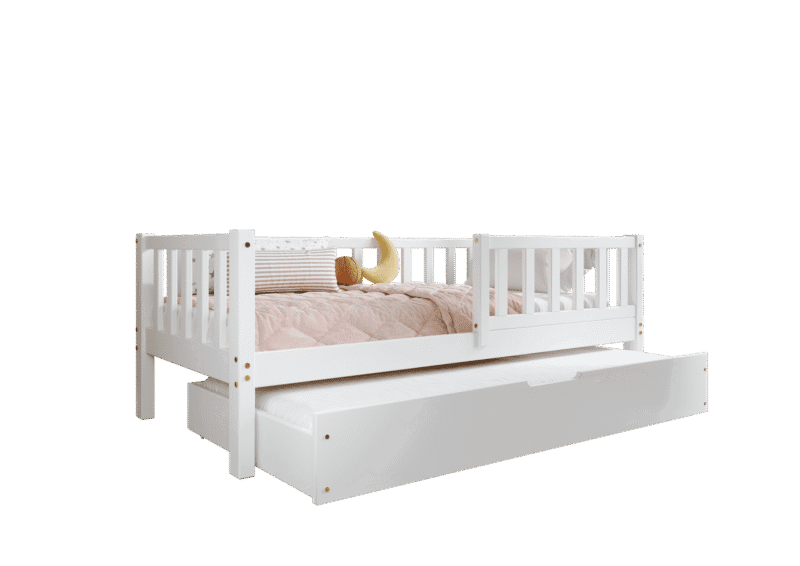 LENA Klassisches Kinderbett aus Holz mit Zaun-Rausfallschutz und Schlafschublade