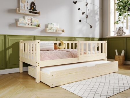 LENA Klassisches Kinderbett aus Holz mit Zaun-Rausfallschutz und Schlafschublade