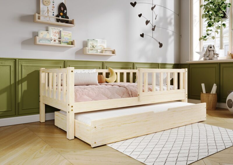 LENA Klassisches Kinderbett aus Holz mit Zaun-Rausfallschutz und Schlafschublade