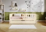 LENA Klassisches Kinderbett aus Holz mit Zaun-Rausfallschutz und Schlafschublade