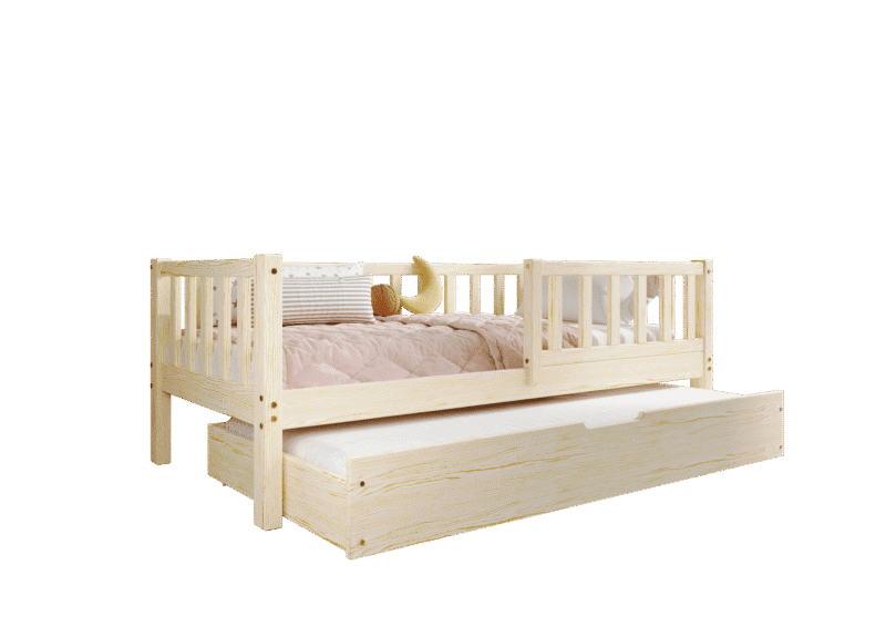 LENA Klassisches Kinderbett aus Holz mit Zaun-Rausfallschutz und Schlafschublade