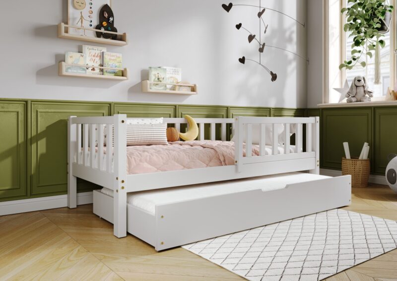LENA Klassisches Kinderbett aus Holz mit Zaun-Rausfallschutz und Schlafschublade