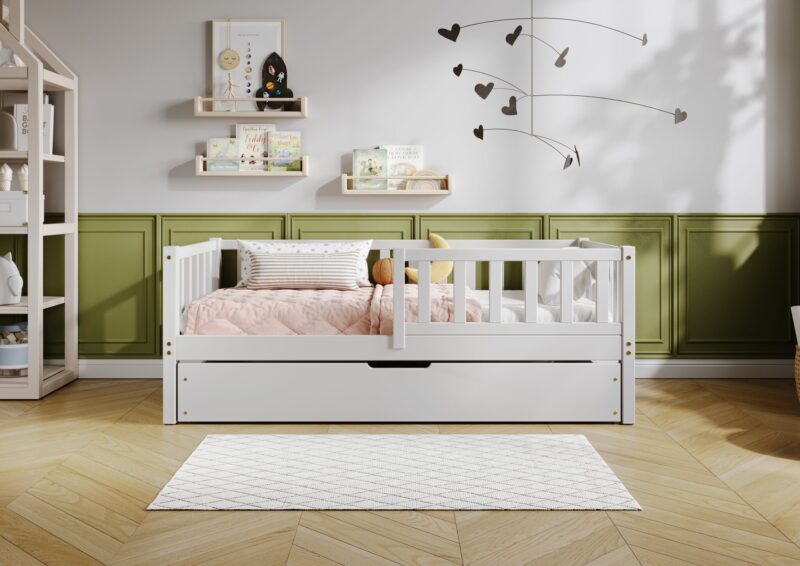 LENA Klassisches Kinderbett aus Holz mit Zaun-Rausfallschutz und Schlafschublade