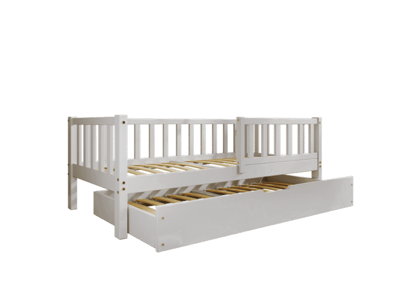 LENA Klassisches Kinderbett aus Holz mit Zaun-Rausfallschutz und Schlafschublade