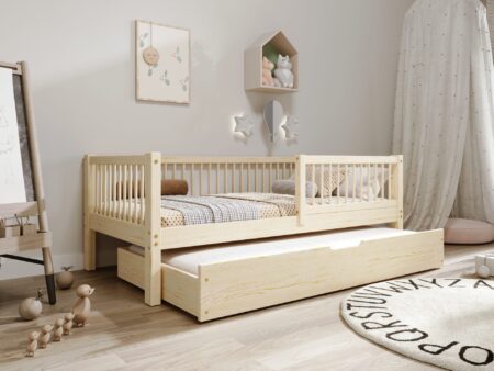 ALFIE Klassisches Kinderbett aus Holz mit runden Sprossen und Schlafschublade